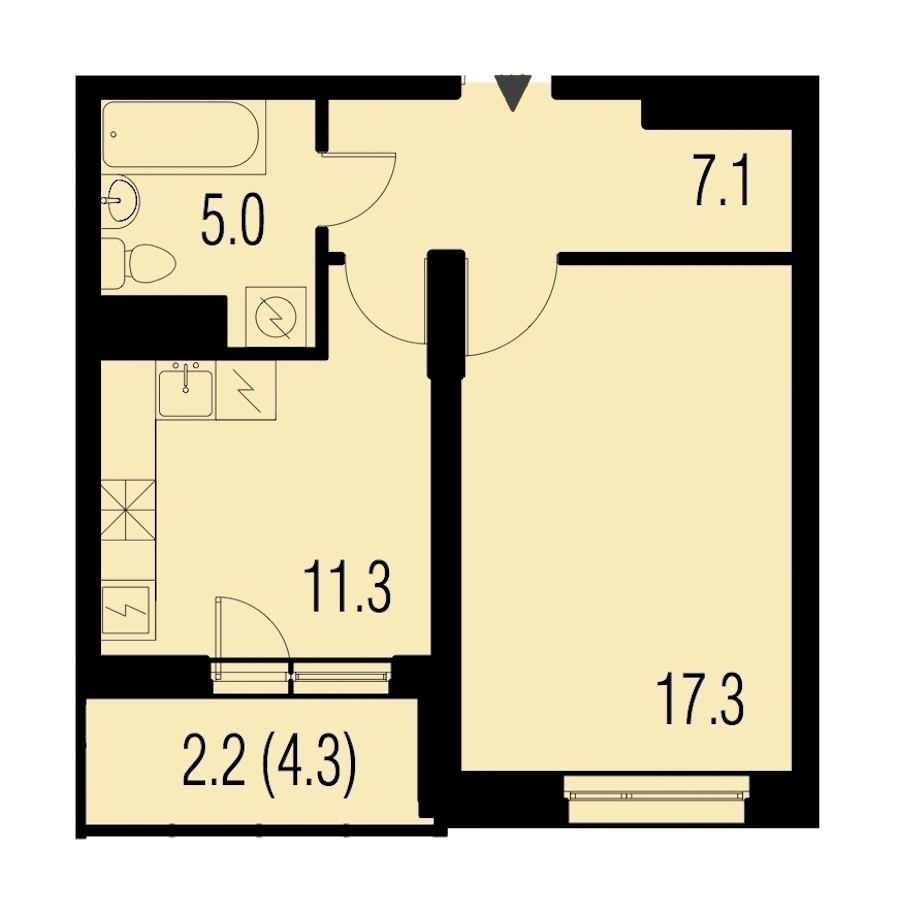 1-комнатная, 43 м² — ЖК ЖК Жемчужный Каскад