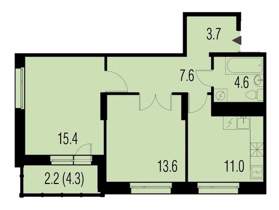 2-комнатная, 57 м² — ЖК ЖК Жемчужный Каскад