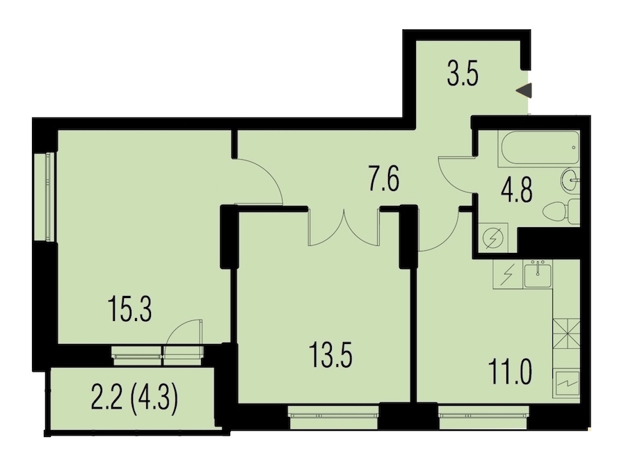 2-комнатная, 57 м² — ЖК ЖК Жемчужный Каскад