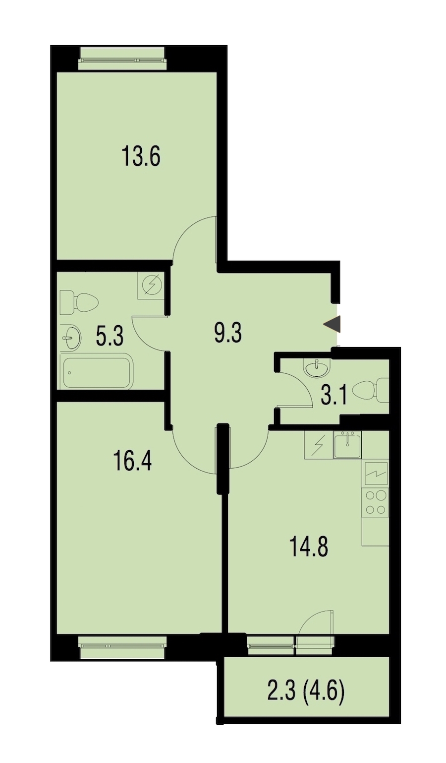 2-комнатная, 65 м² — ЖК ЖК Жемчужный Каскад
