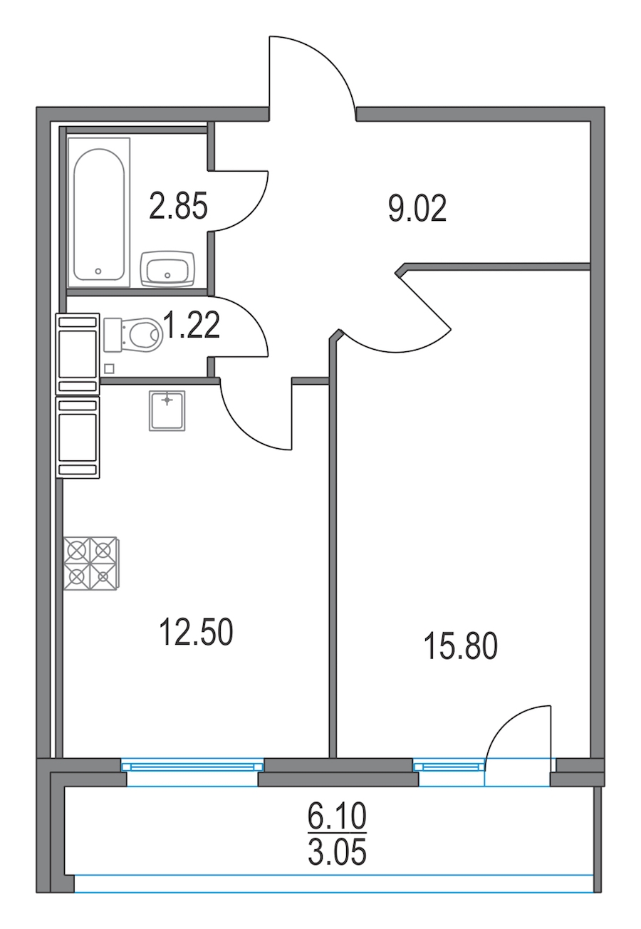 1-комнатная, 41 м² — ЖК ЖК Приморский квартал