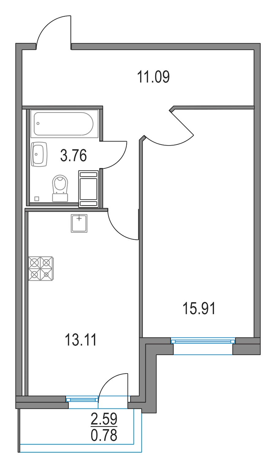 1-комнатная, 44 м² — ЖК ЖК Приморский квартал