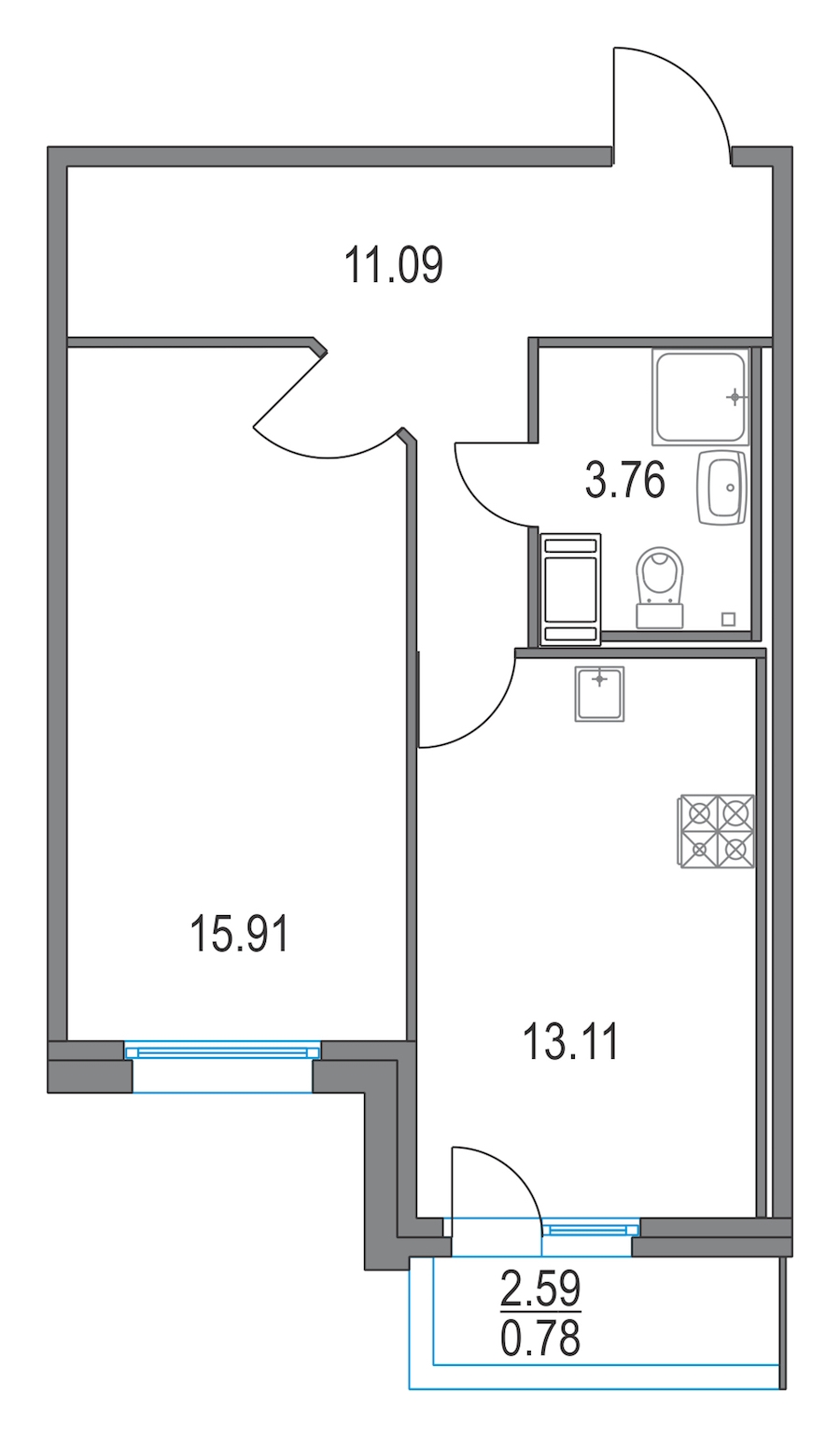 1-комнатная, 44 м² — ЖК ЖК Приморский квартал