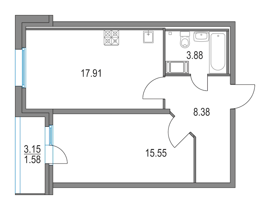 1-комнатная, 46 м² — ЖК ЖК Приморский квартал