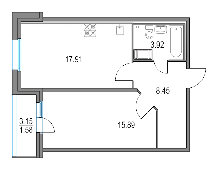 1-комнатная, 46 м² — ЖК ЖК Приморский квартал