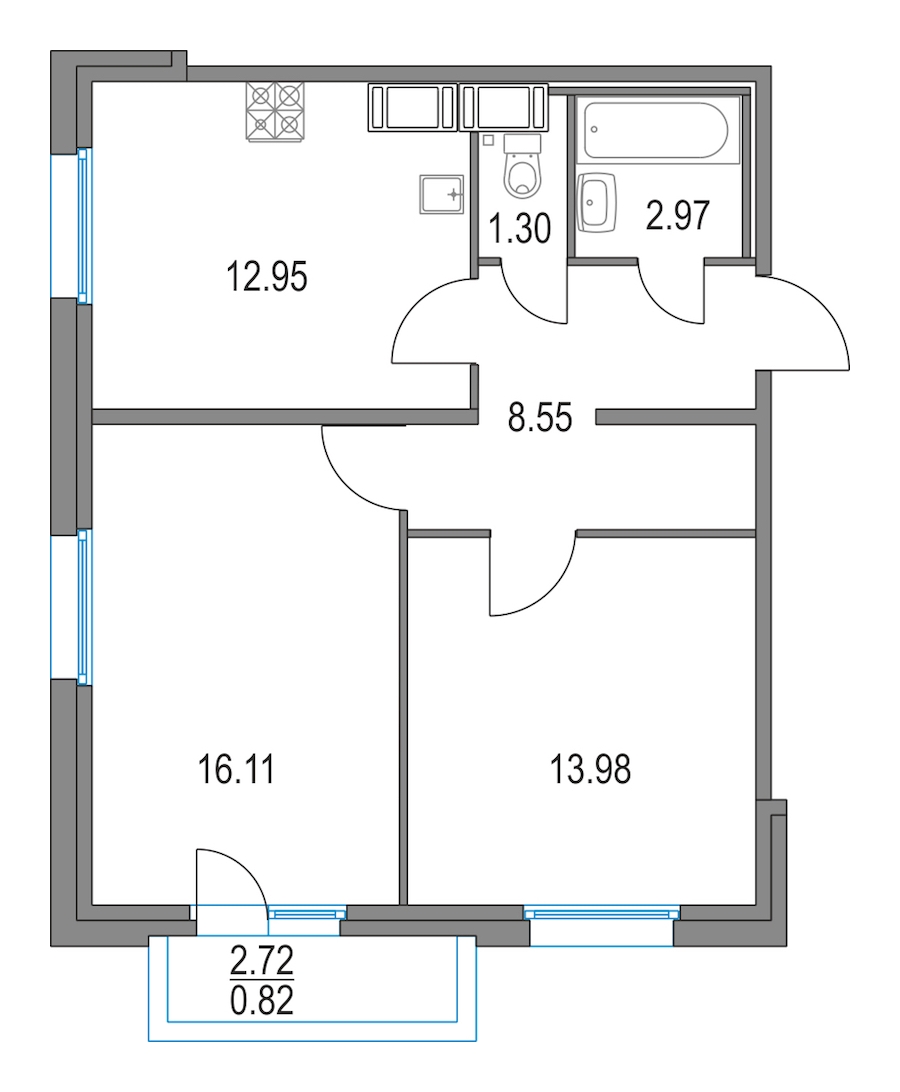2-комнатная, 56 м² — ЖК ЖК Приморский квартал