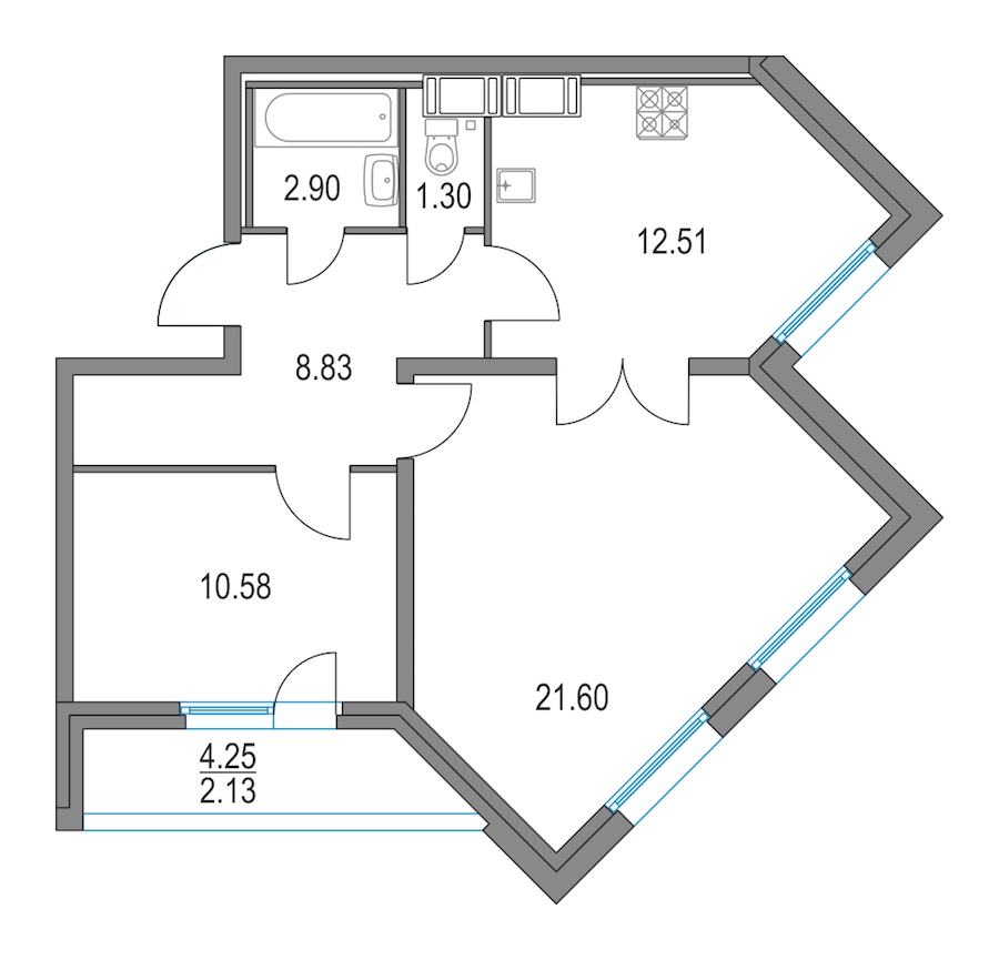 2-комнатная, 58 м² — ЖК ЖК Приморский квартал