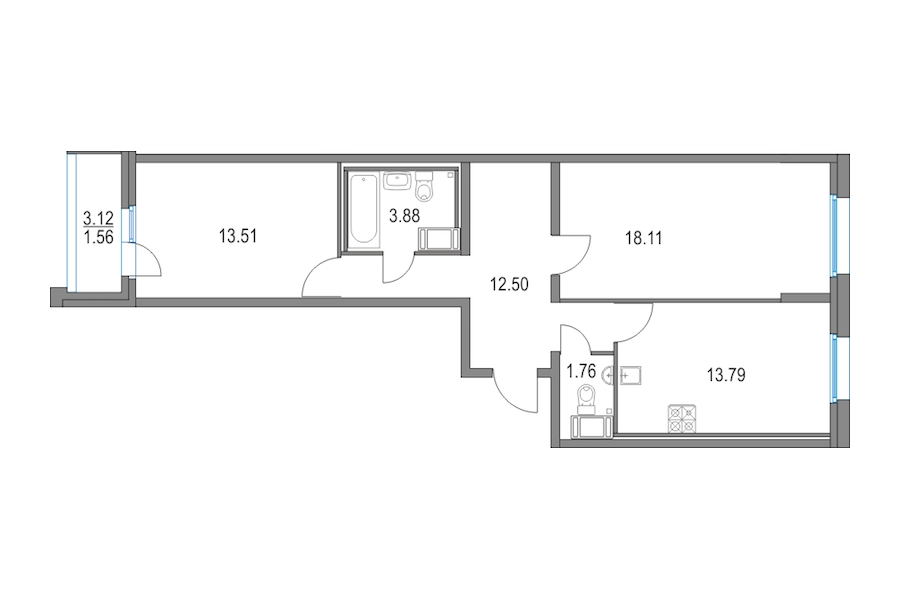 2-комнатная, 64 м² — ЖК ЖК Приморский квартал