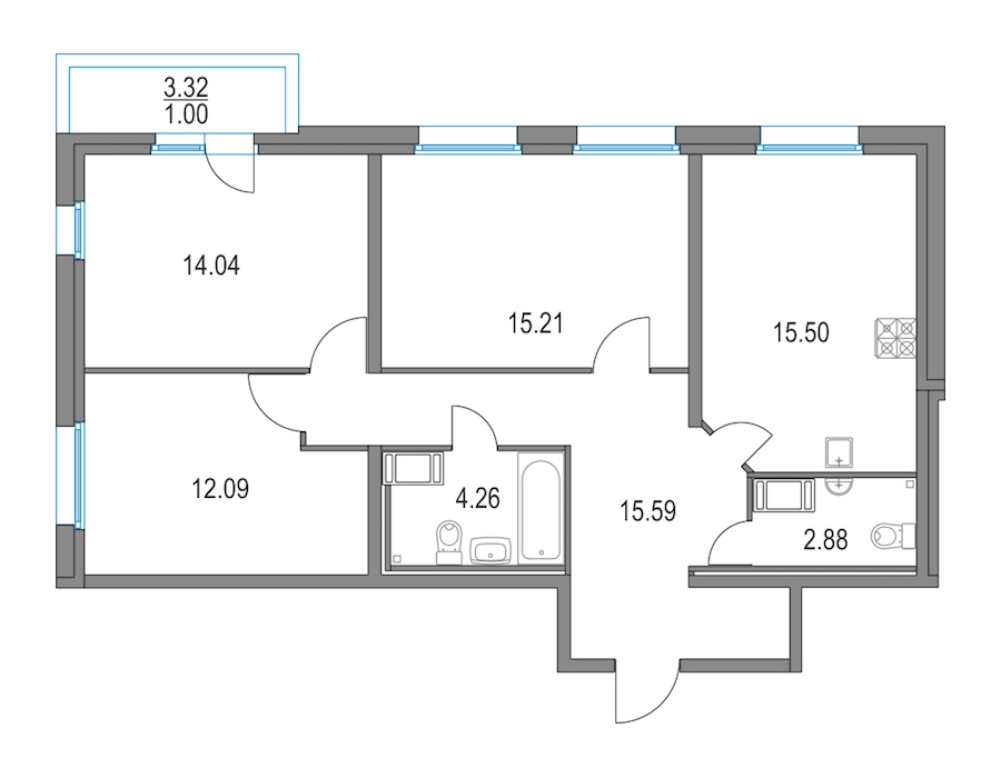 3-комнатная, 80 м² — ЖК ЖК Приморский квартал