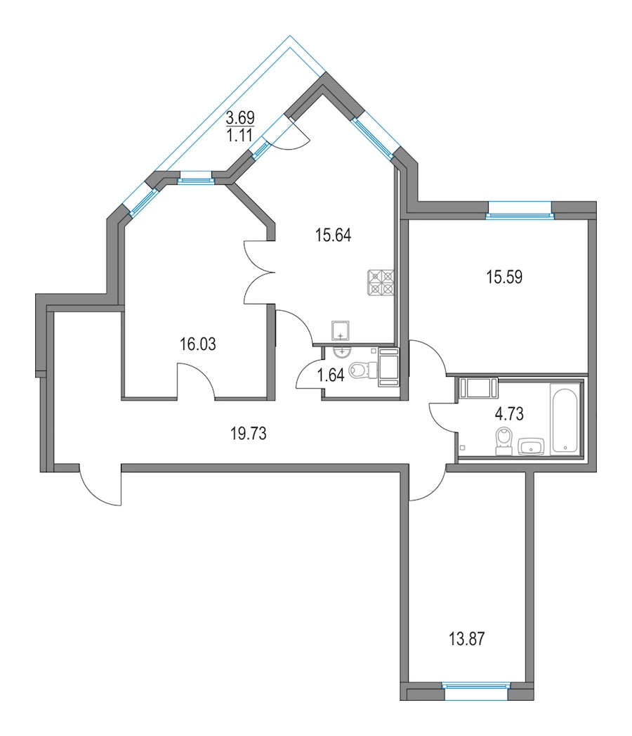 3-комнатная, 87 м² — ЖК ЖК Приморский квартал