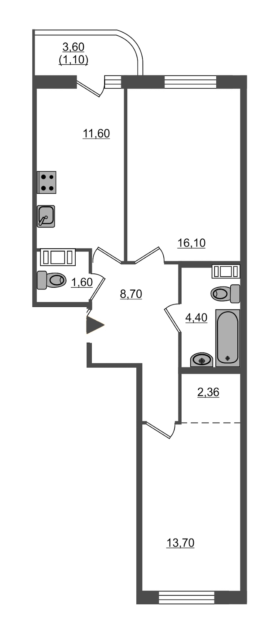 2-комнатная, 60 м² — ЖК ЖК Энфилд
