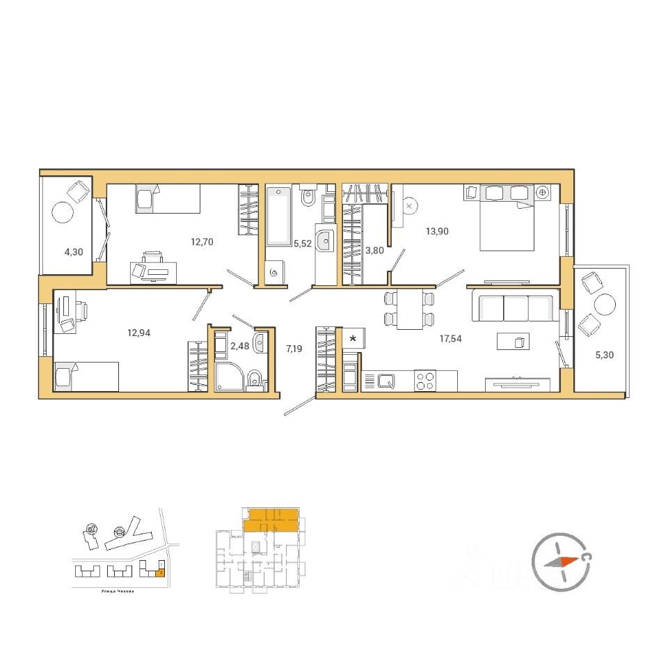 3-комнатная, 80.31 м² — ЖК ЖК Айкью Гатчина(IQ Гатчина)