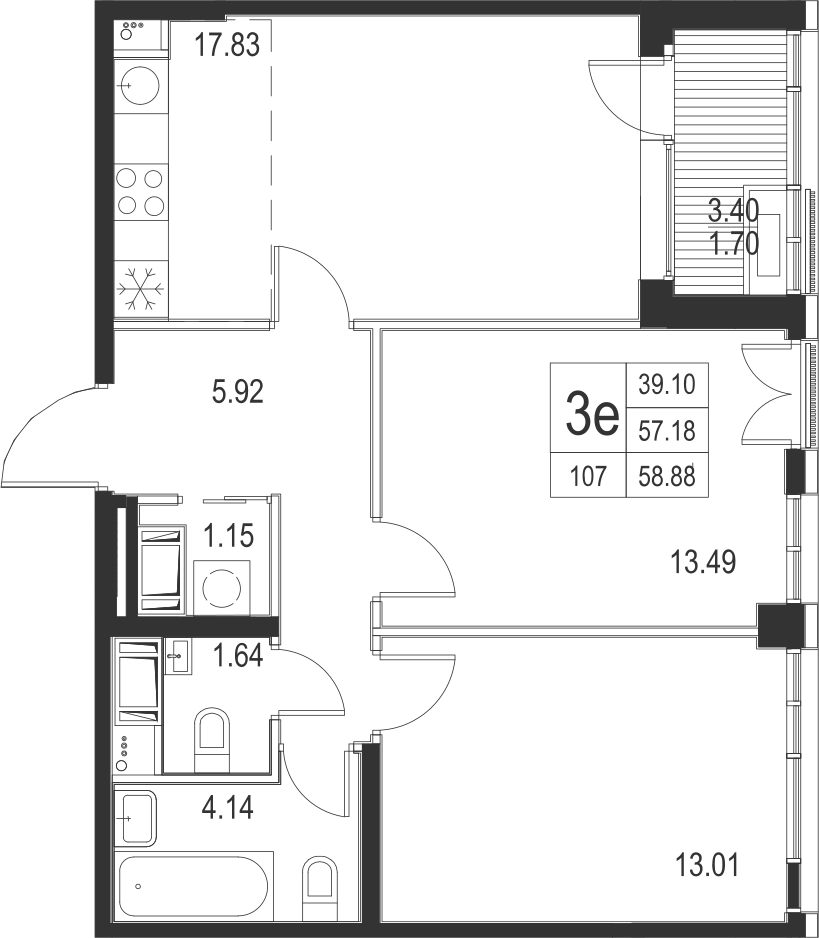2-комнатная, 59 м² — ЖК ЖК Golden City (Голден сити)
