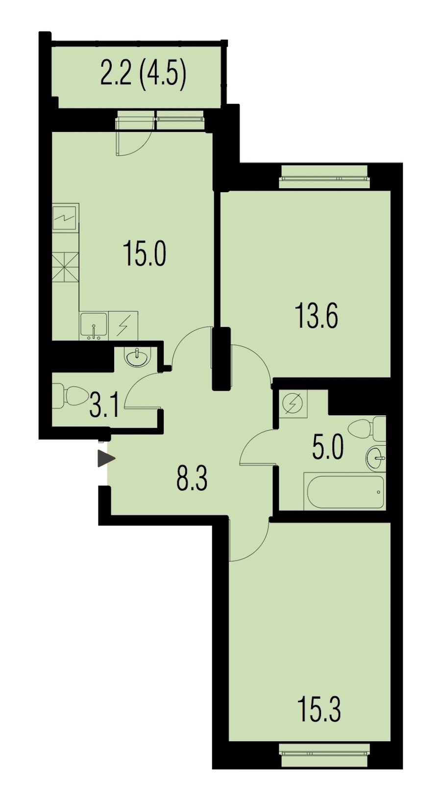 2-комнатная, 63 м² — ЖК ЖК Жемчужный Каскад