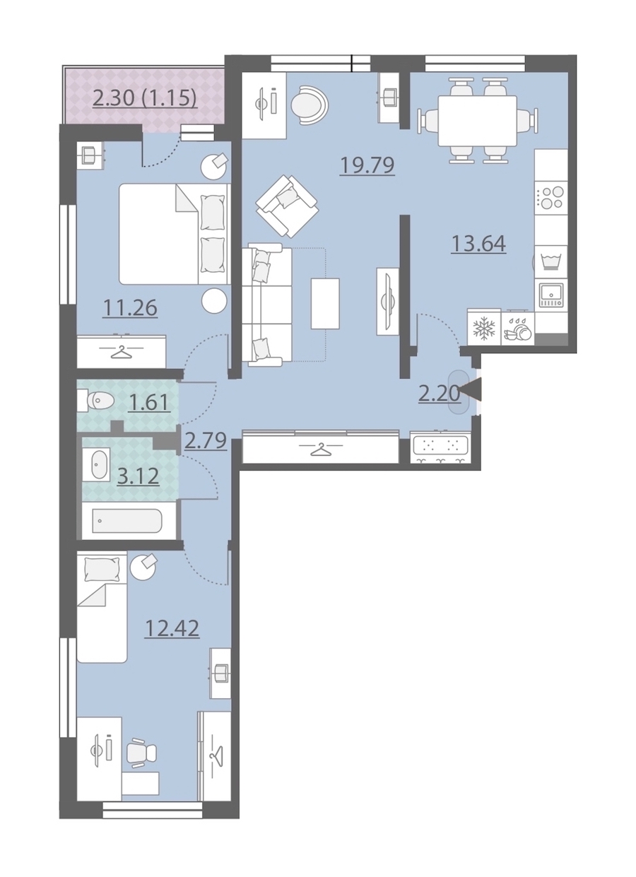 3-комнатная, 68 м² — ЖК ЖК Ручьи