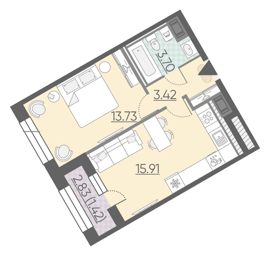 1-комнатная, 38 м² — ЖК ЖК Riviere Noire (Ривьер Нуар)