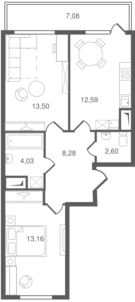 2-комнатная, 58 м² — ЖК ЖК Ювента
