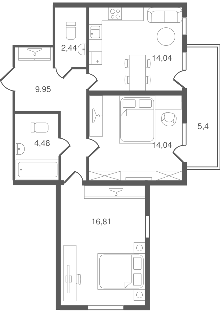 2-комнатная, 64 м² — ЖК ЖК Ювента