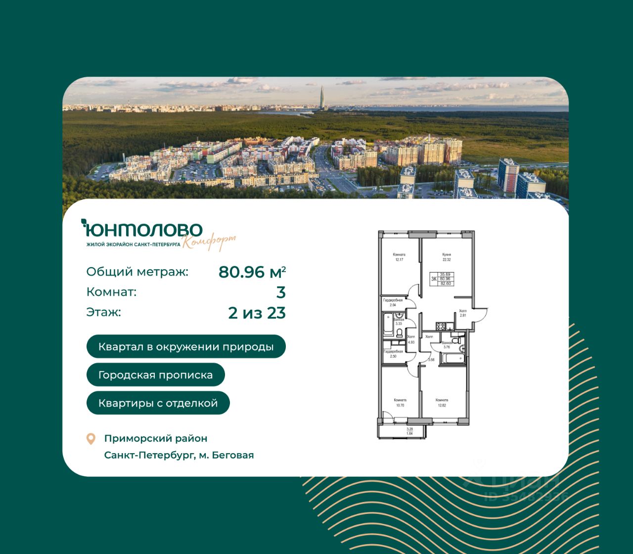 3-комнатная, 80.96 м² — ЖК ЖК Юнтолово