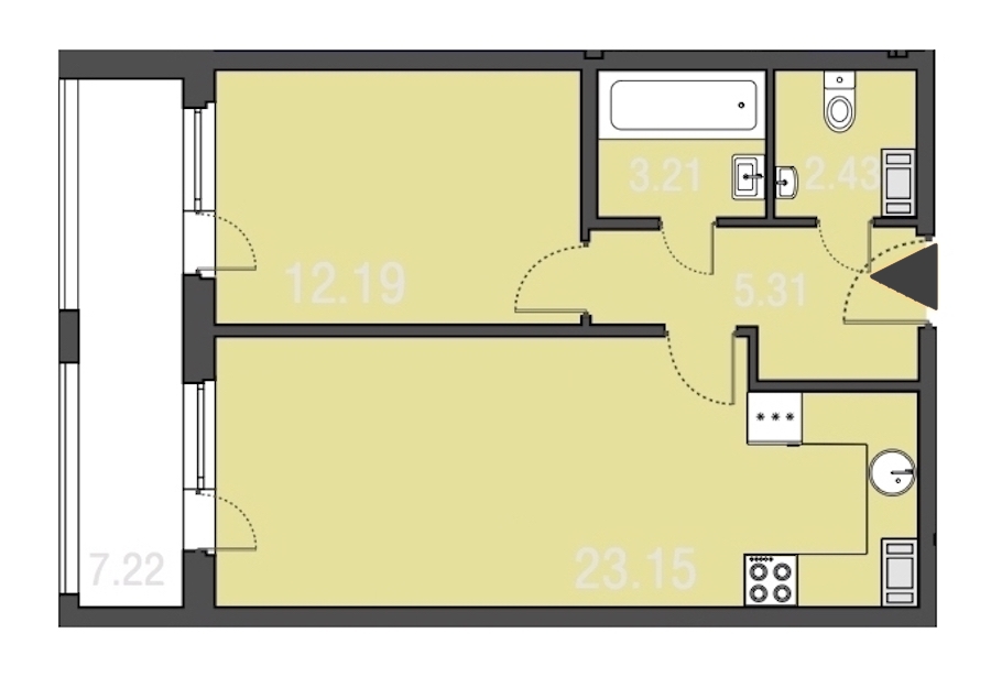 1-комнатная, 46 м² — ЖК Апарт-отель Русские сезоны