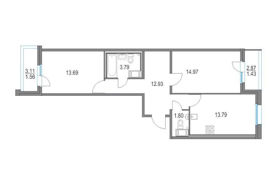 2-комнатная, 64 м² — ЖК ЖК Приморский квартал