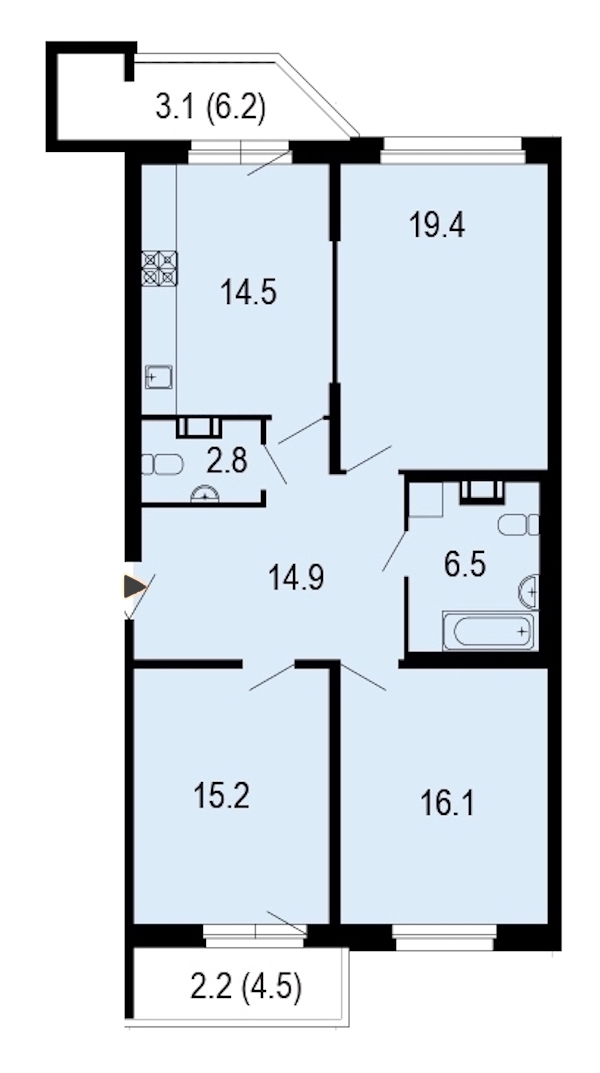 3-комнатная, 95 м² — ЖК ЖК Жемчужный берег
