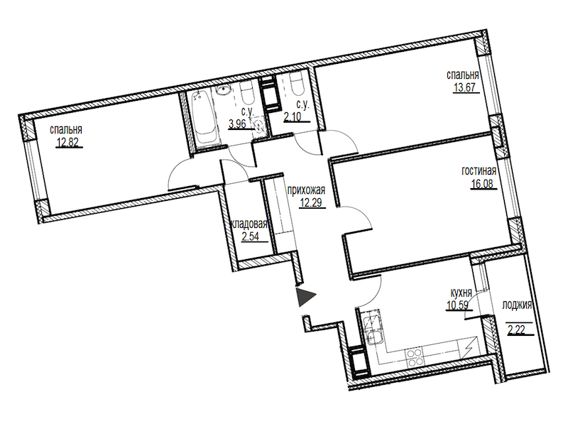 3-комнатная, 76 м² — ЖК ЖК ID Мурино (Айди Мурино)