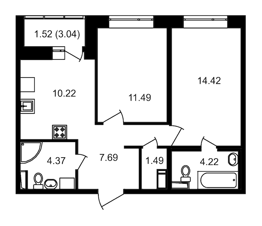 2-комнатная, 57 м² — ЖК ЖК Елизаровский