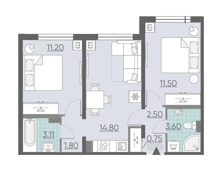 2-комнатная, 49 м² — ЖК ЖК Ручьи