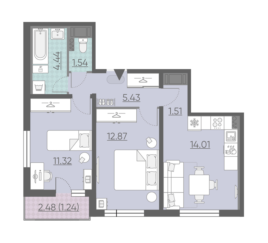 2-комнатная, 52 м² — ЖК ЖК Ручьи