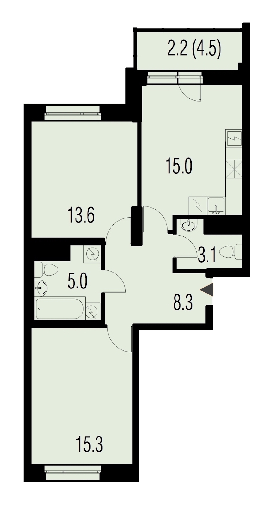 2-комнатная, 62 м² — ЖК ЖК Жемчужный Каскад