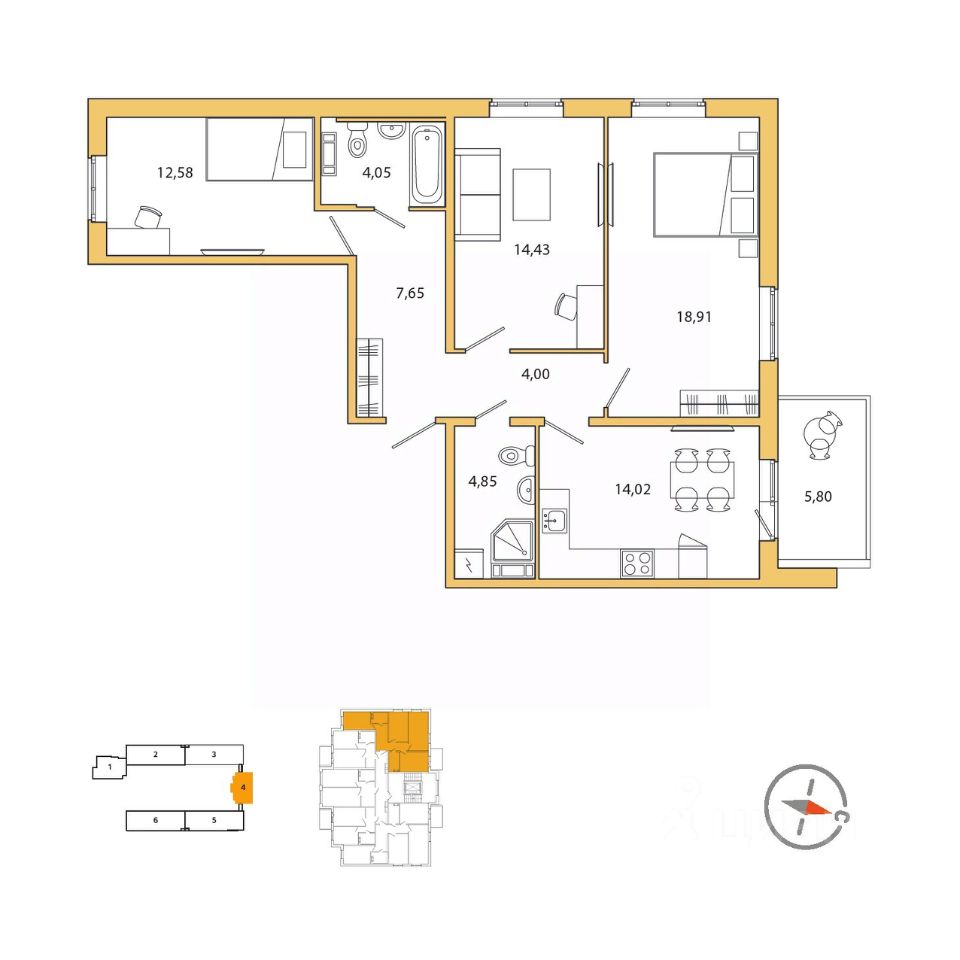 3-комнатная, 83.5 м² — ЖК ЖК Юттери