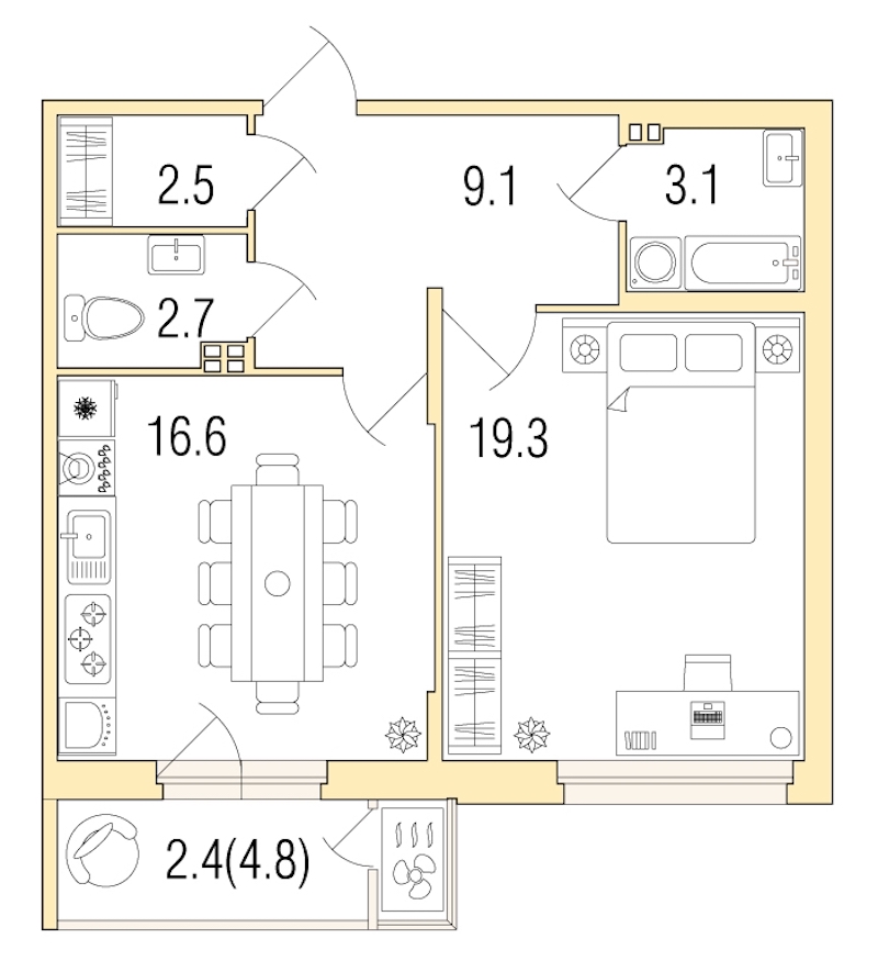 1-комнатная, 56 м² — ЖК ЖК Жемчужный берег
