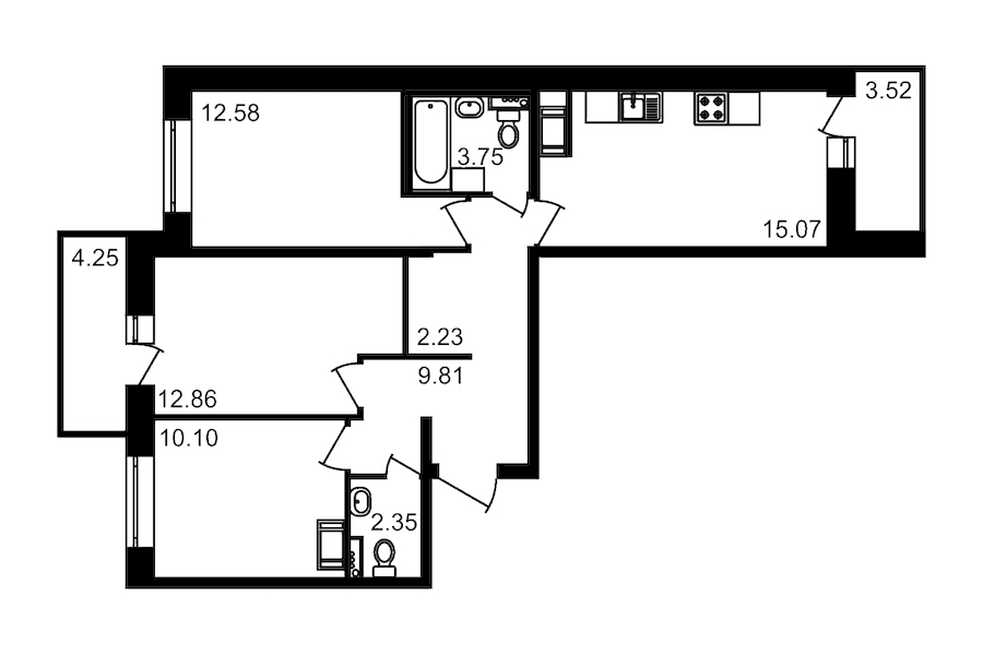 3-комнатная, 77 м² — ЖК ЖК Елизаровский