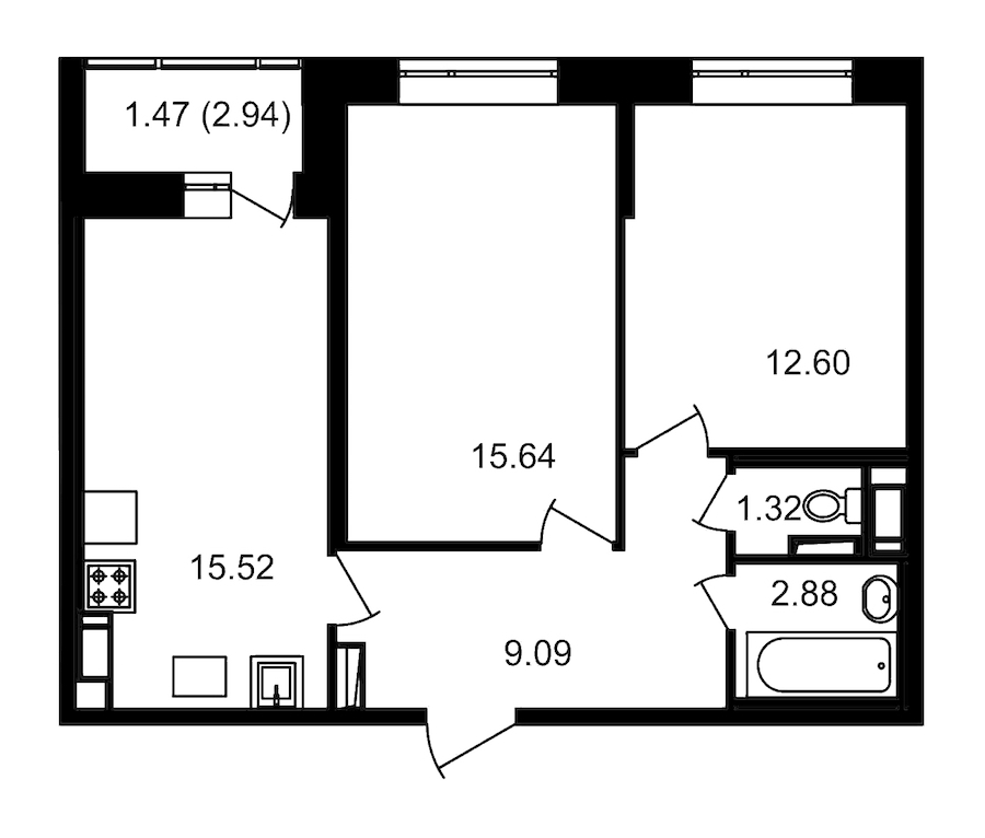 2-комнатная, 60 м² — ЖК ЖК Елизаровский