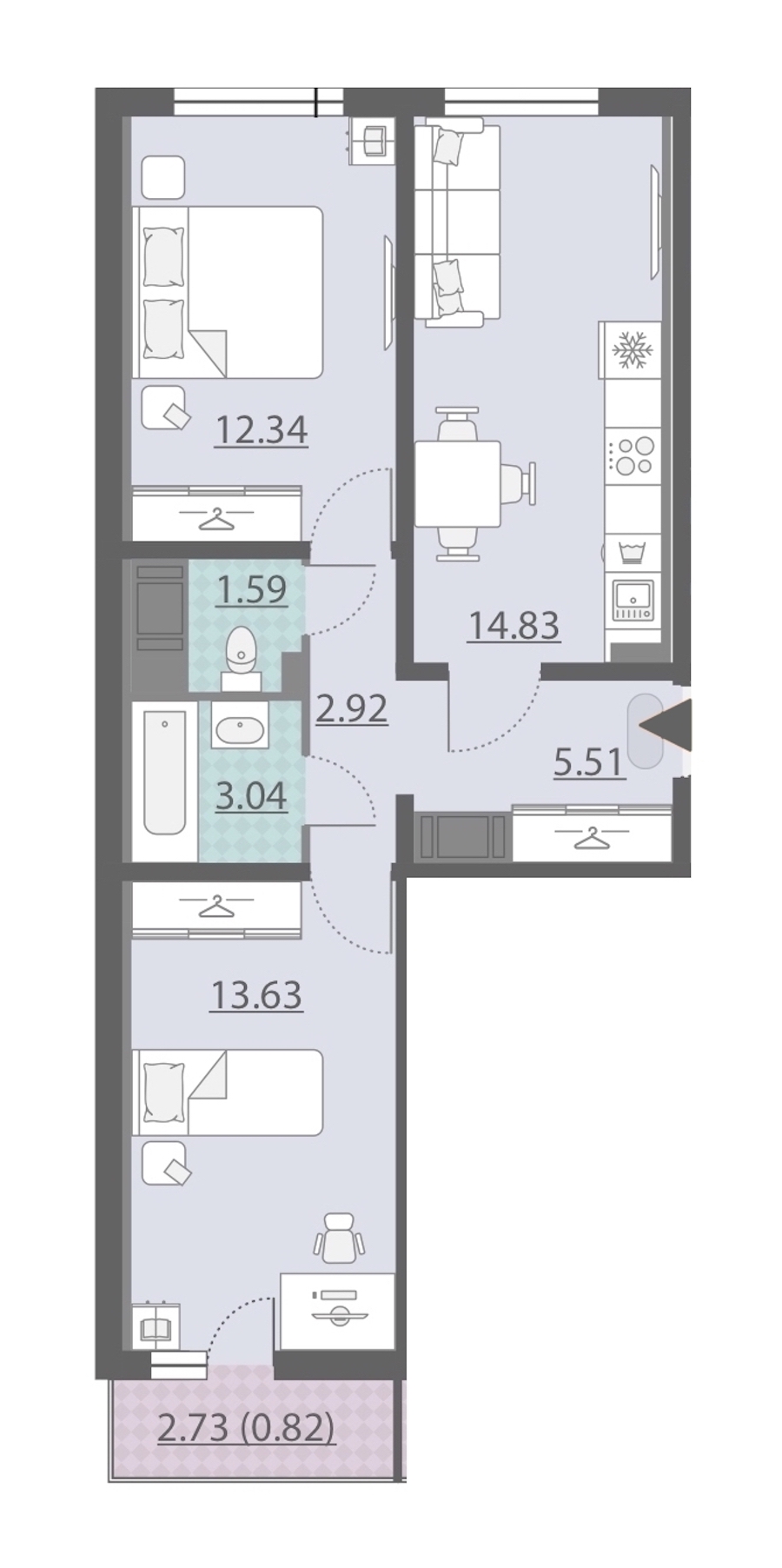 2-комнатная, 55 м² — ЖК ЖК Ручьи