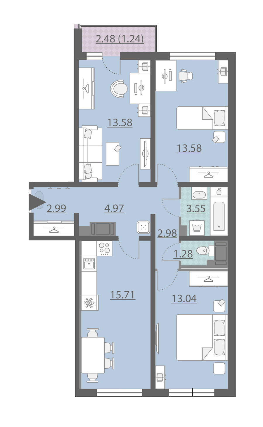 3-комнатная, 73 м² — ЖК ЖК Ручьи