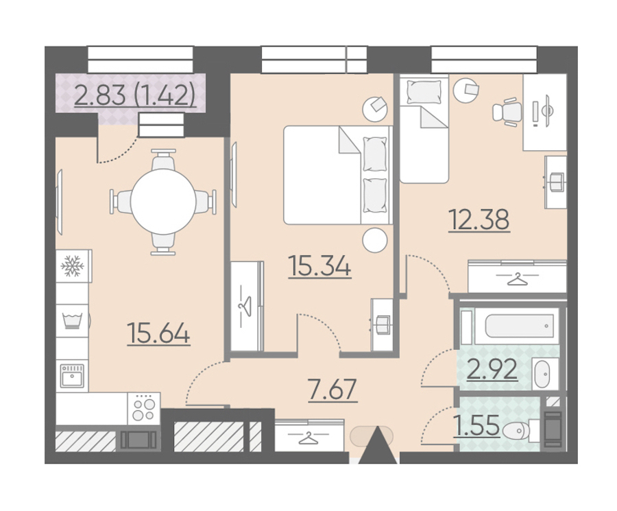 2-комнатная, 57 м² — ЖК ЖК Riviere Noire (Ривьер Нуар)