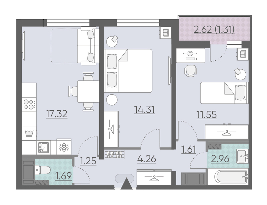 2-комнатная, 56 м² — ЖК ЖК Ручьи