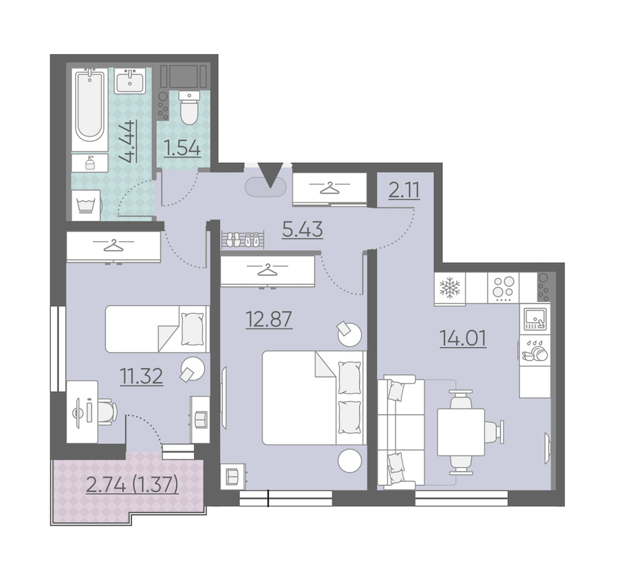 2-комнатная, 53 м² — ЖК ЖК Ручьи