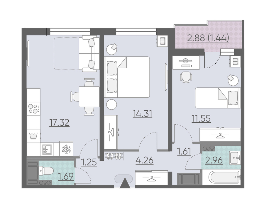 2-комнатная, 56 м² — ЖК ЖК Ручьи