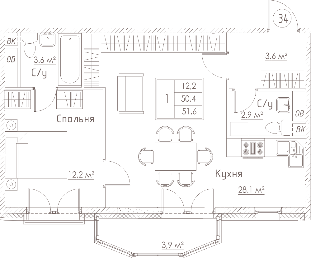 1-комнатная, 52 м² — ЖК ЖК Barcelona (Барселона)