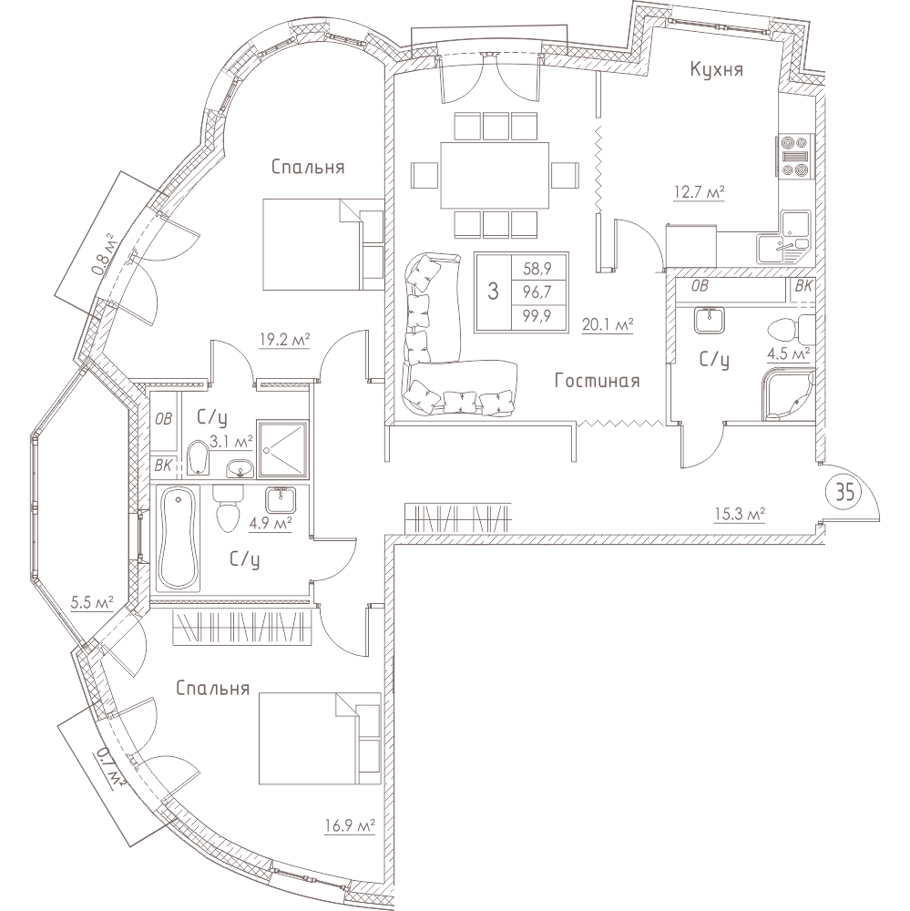 3-комнатная, 100 м² — ЖК ЖК Barcelona (Барселона)