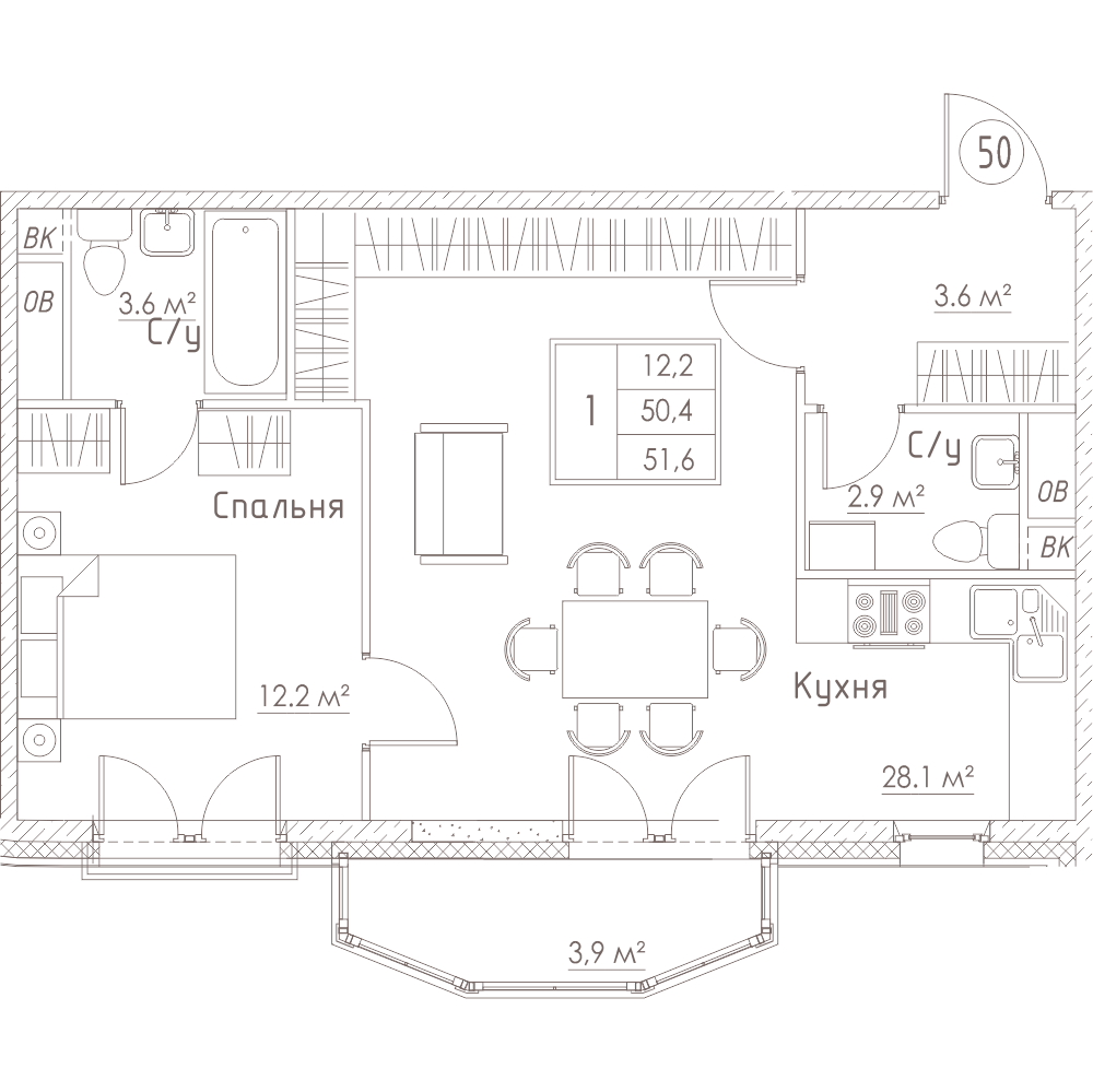 1-комнатная, 52 м² — ЖК ЖК Barcelona (Барселона)