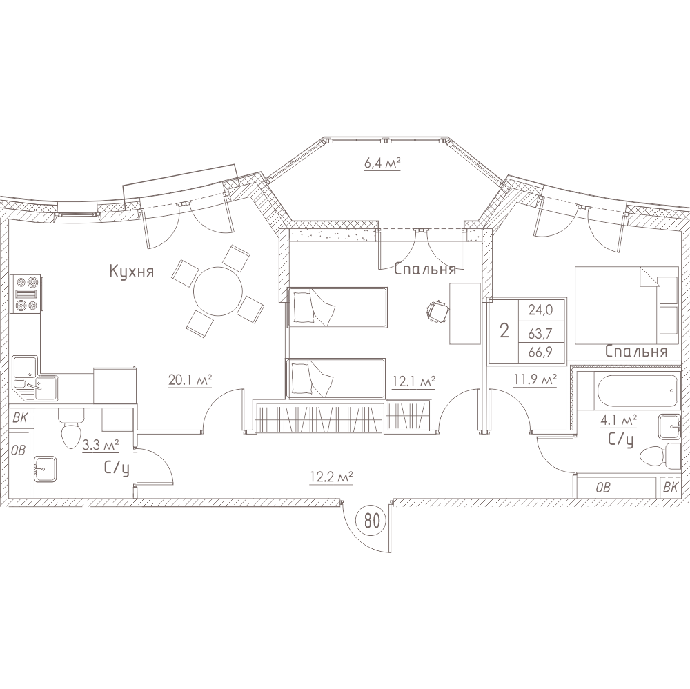2-комнатная, 69 м² — ЖК ЖК Barcelona (Барселона)