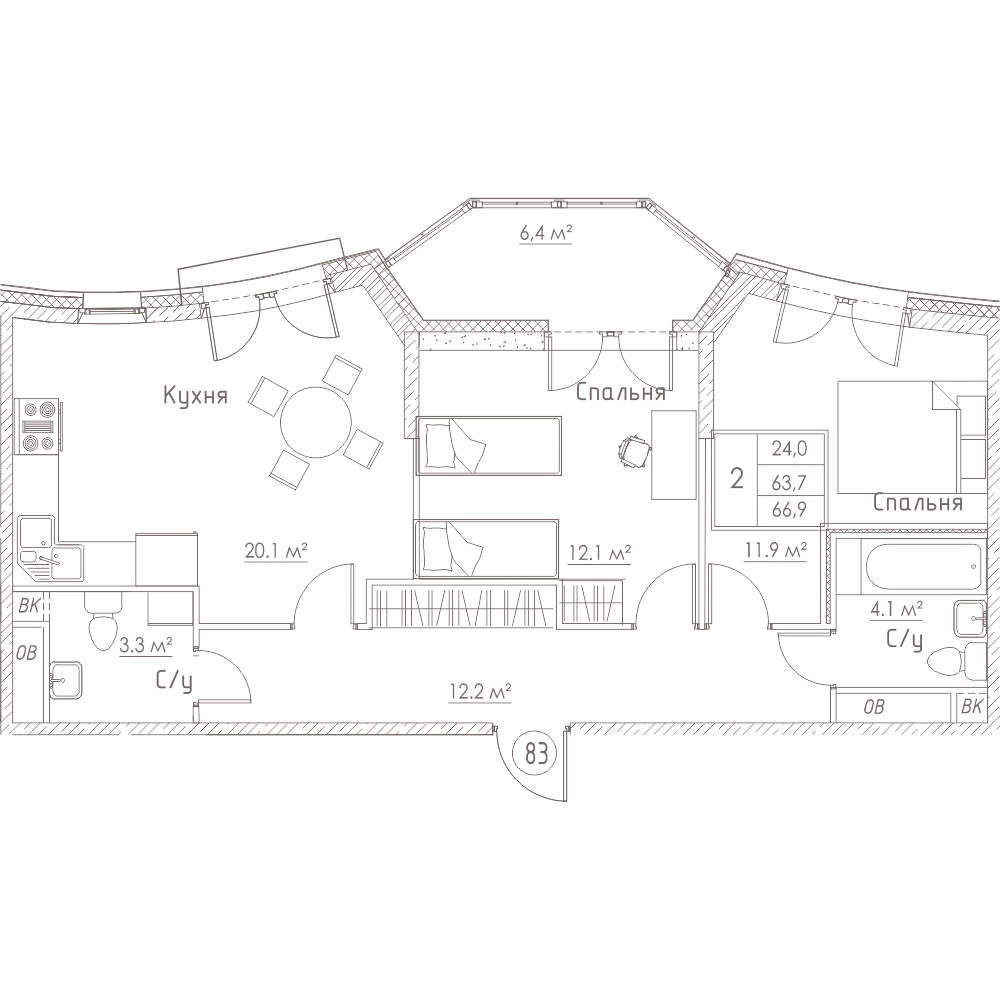 2-комнатная, 68 м² — ЖК ЖК Barcelona (Барселона)