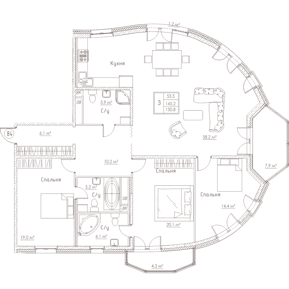 3-комнатная, 154 м² — ЖК ЖК Barcelona (Барселона)