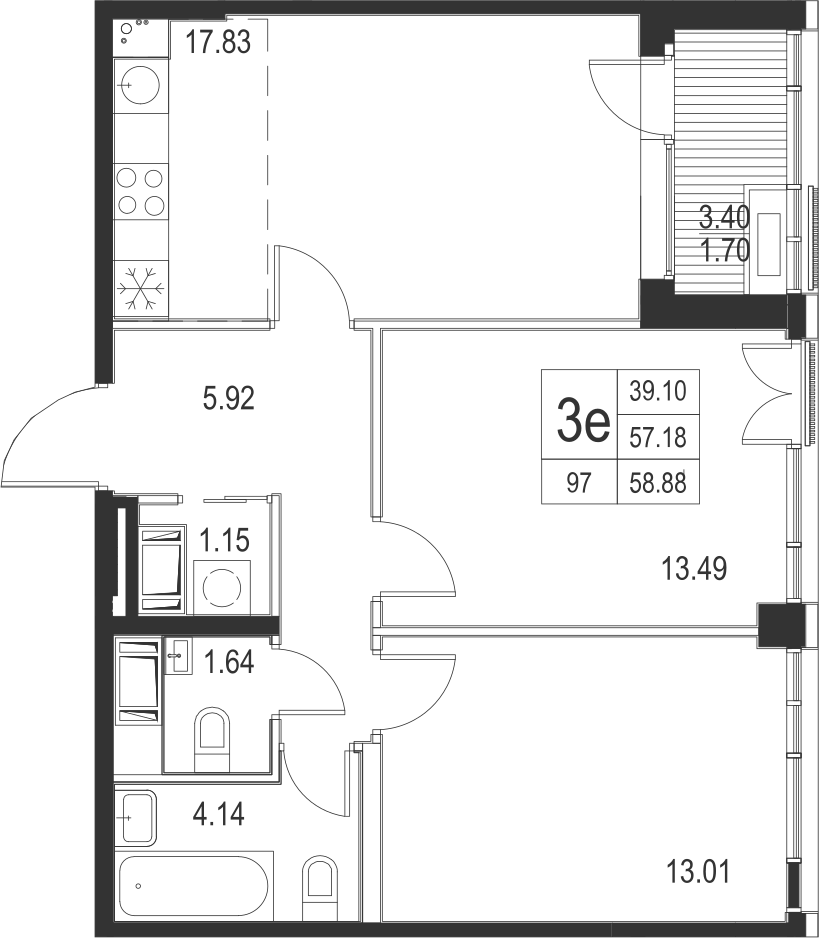 2-комнатная, 59 м² — ЖК ЖК Golden City (Голден сити)