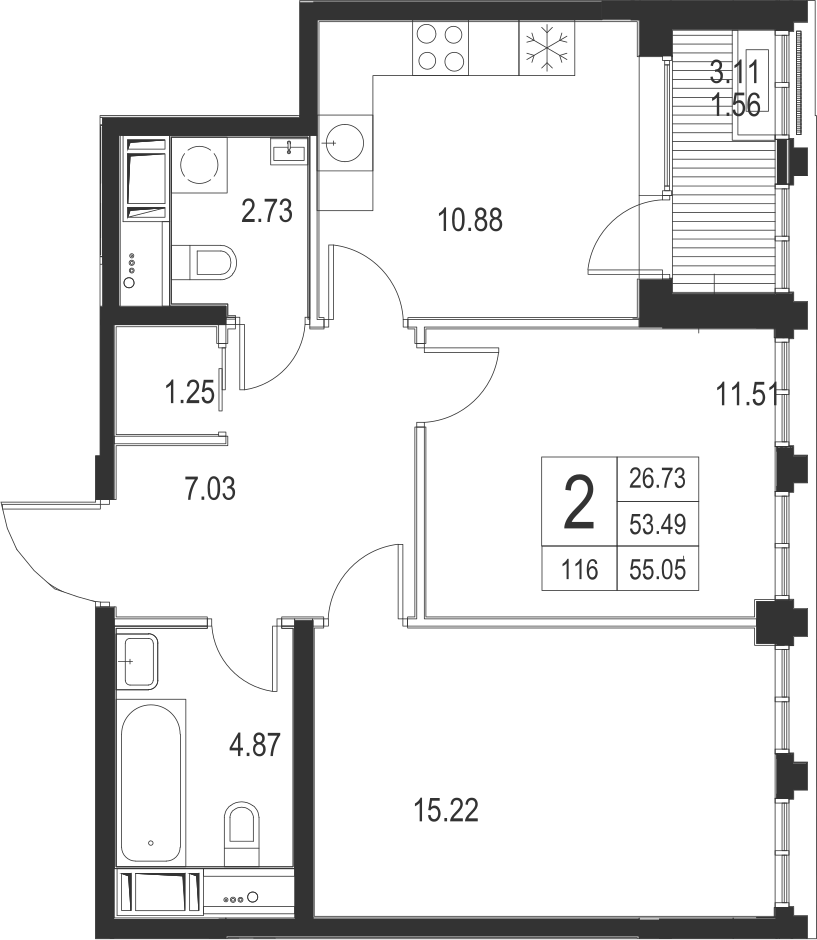 2-комнатная, 55 м² — ЖК ЖК Golden City (Голден сити)