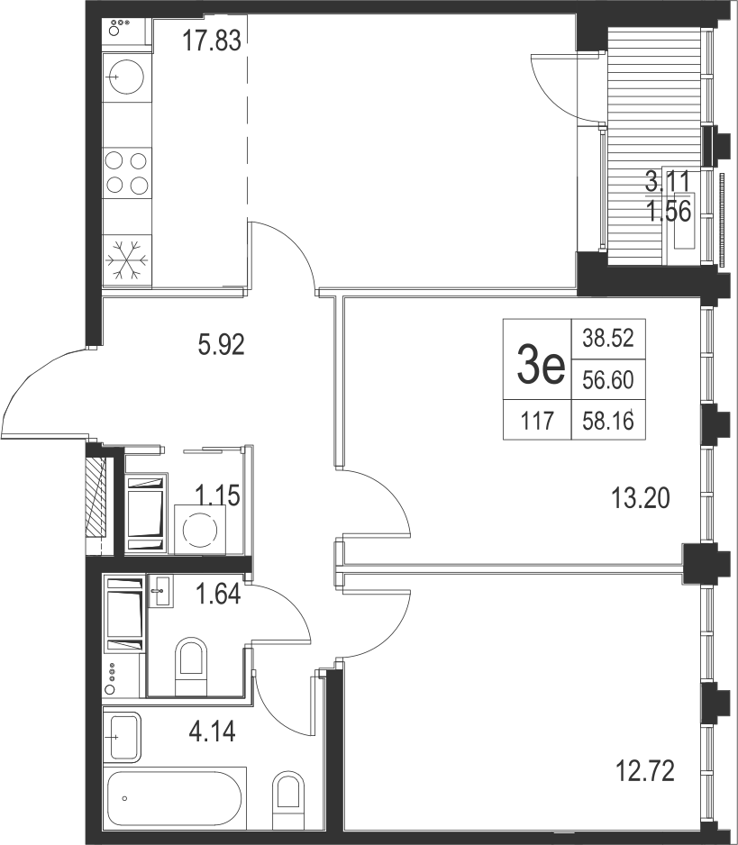 2-комнатная, 58 м² — ЖК ЖК Golden City (Голден сити)